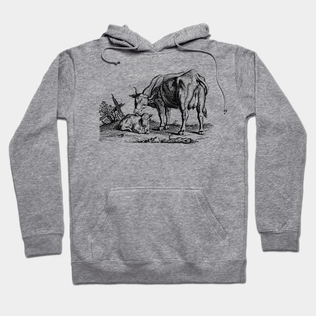 Cow with Calf Rustic Charm Scene Vintage Animal Illustration Hoodie by Biophilia